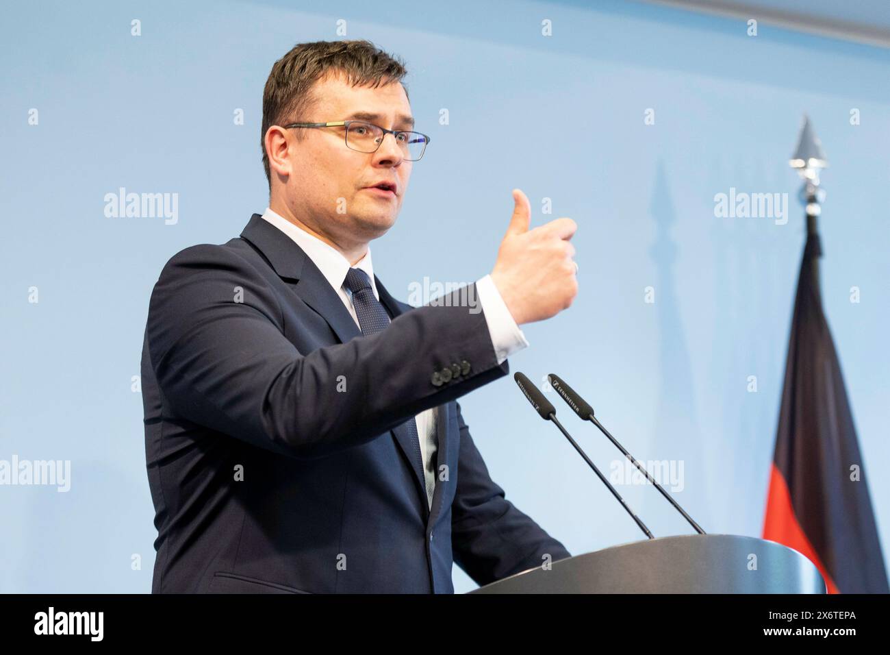 Berlin, Deutschland. 16th May, 2024. Laurynas Kasciunas, Lithuanian Minister of Defense, pictured during a press conference at the BMVg in Berlin, 16.05.2024. Credit: dpa/Alamy Live News Stock Photo