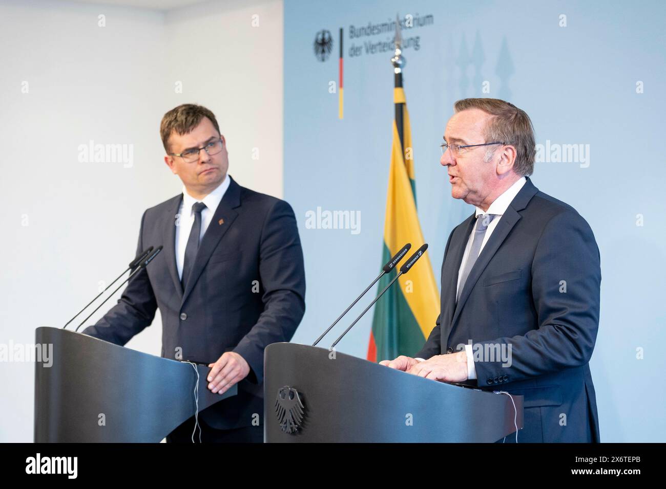 Boris Pistorius (SPD), Federal Minister of Defence and Laurynas Kasciunas, Lithuanian Minister of Defence, photographed during a joint press conference at the BMVg in Berlin, 16 May 2024. Stock Photo