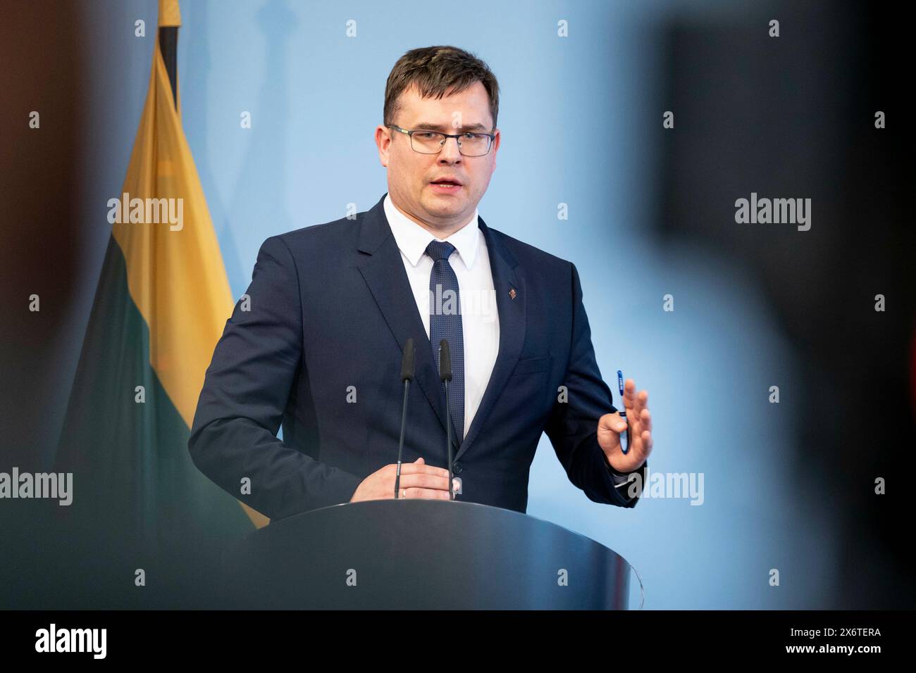 Berlin, Deutschland. 16th May, 2024. Laurynas Kasciunas, Lithuanian Minister of Defense, pictured during a press conference at the BMVg in Berlin, 16.05.2024. Credit: dpa/Alamy Live News Stock Photo