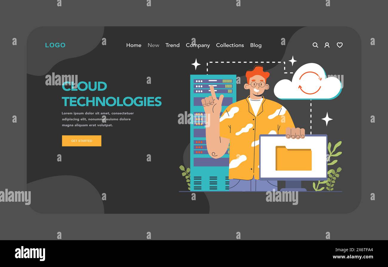 Cloud technology web banner or landing page dark or night mode. Big data storage and exchange. Cloud computing, hosting security. Digital information management. Vector flat illustration Stock Vector