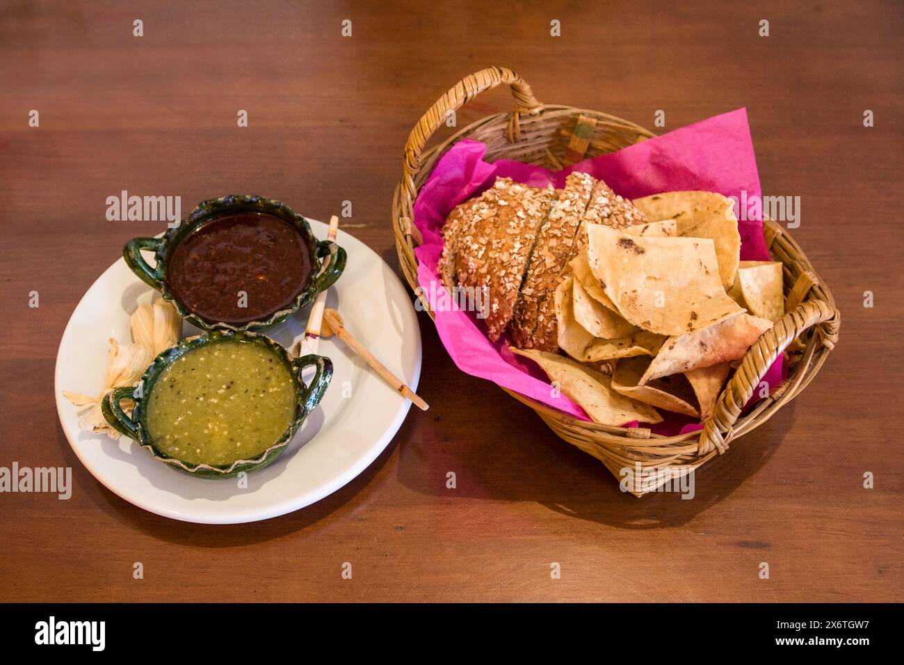 Oaxaca, Mexico, North America.  Chips and Salsa, Mexican Colors.  La Olla Restaurant. Stock Photo