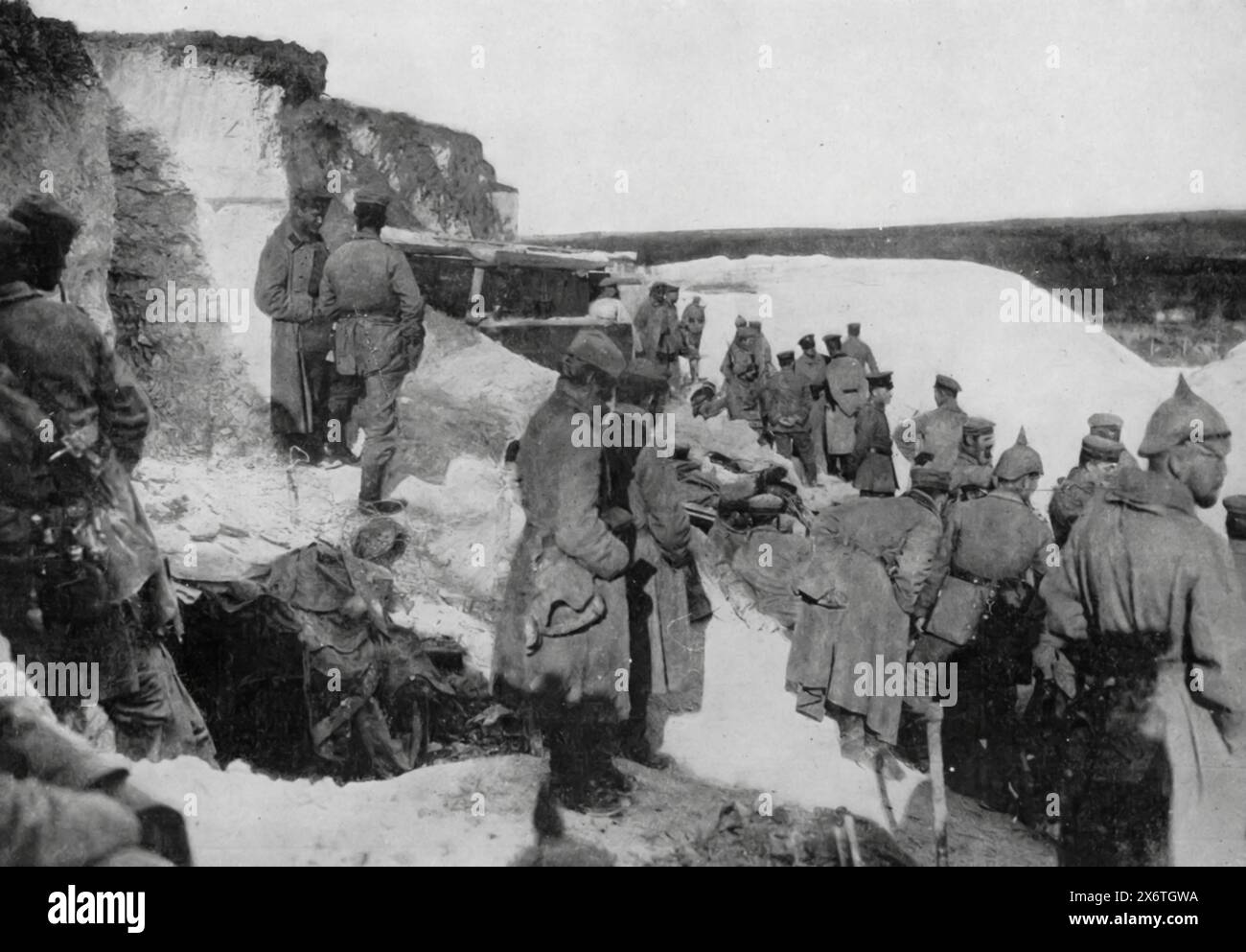 A photograph of a stone quarry near Hulluch, taken shortly after the Battle of Loos in September 1915. British soldiers are shown at this highly contested strategic point, which was once deemed impregnable. The image showcases the significant efforts of the Allied forces to break through German defenses during the First World War. Stock Photo