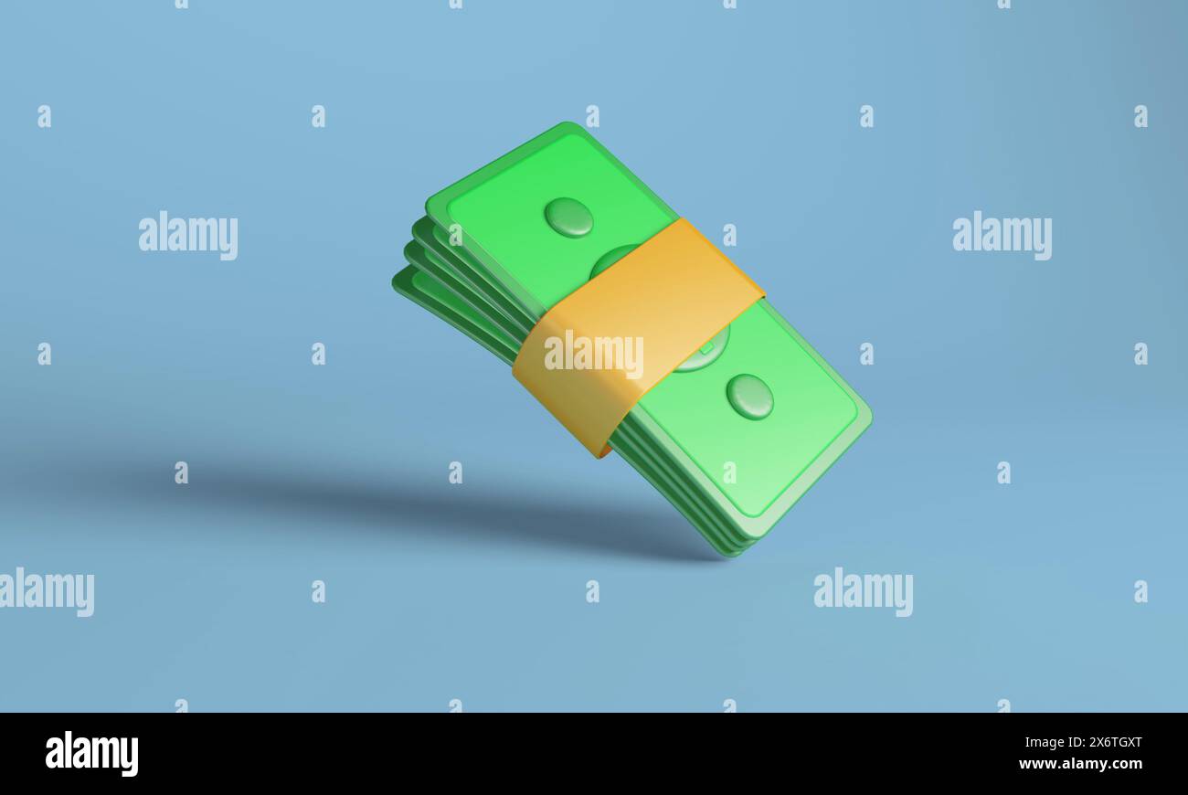 3D illustration of green dollar bills secured with an orange band on blue background. investment concept. Stock Photo