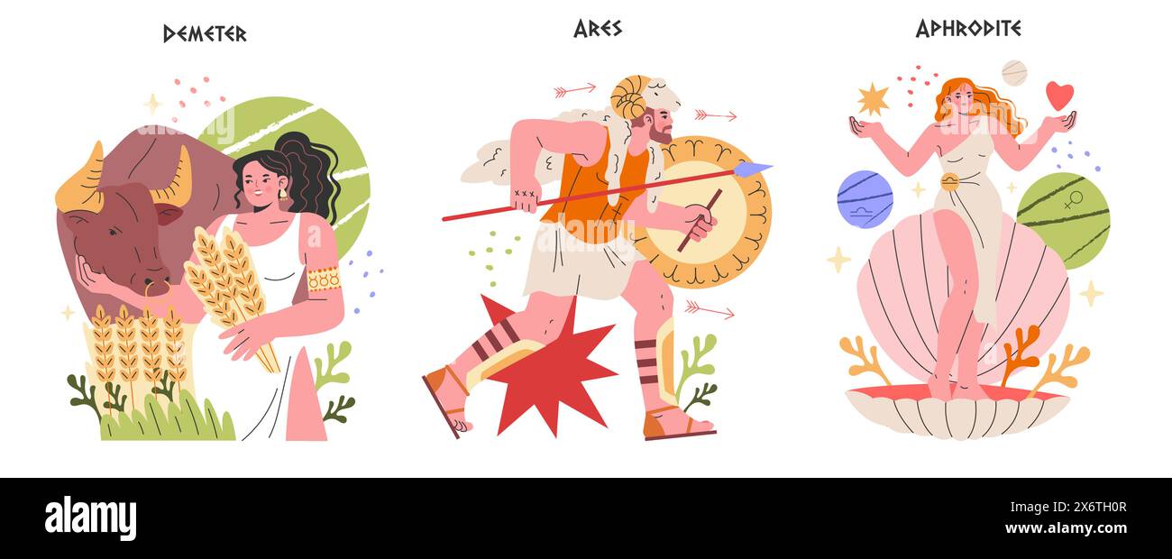 Ancient Greek Gods concept. Mythological deities Demeter, Ares, and Aphrodite in colorful, modern interpretations. Unique representation of classic legends. Vector illustration. Stock Vector