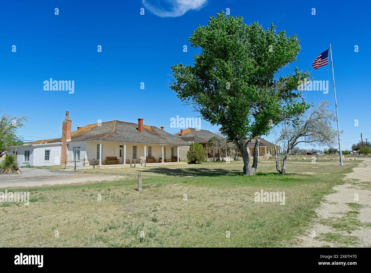 Officers row on Fort Stockton parade grounds, active during Indian wars to protect westward migration trade routes — Fort Stockton, TX, April 2024 Stock Photo
