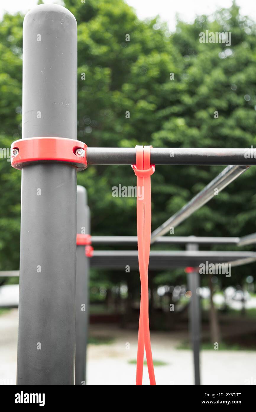 horizon bars with elastic exercise band .  outdoor gym concept Stock Photo