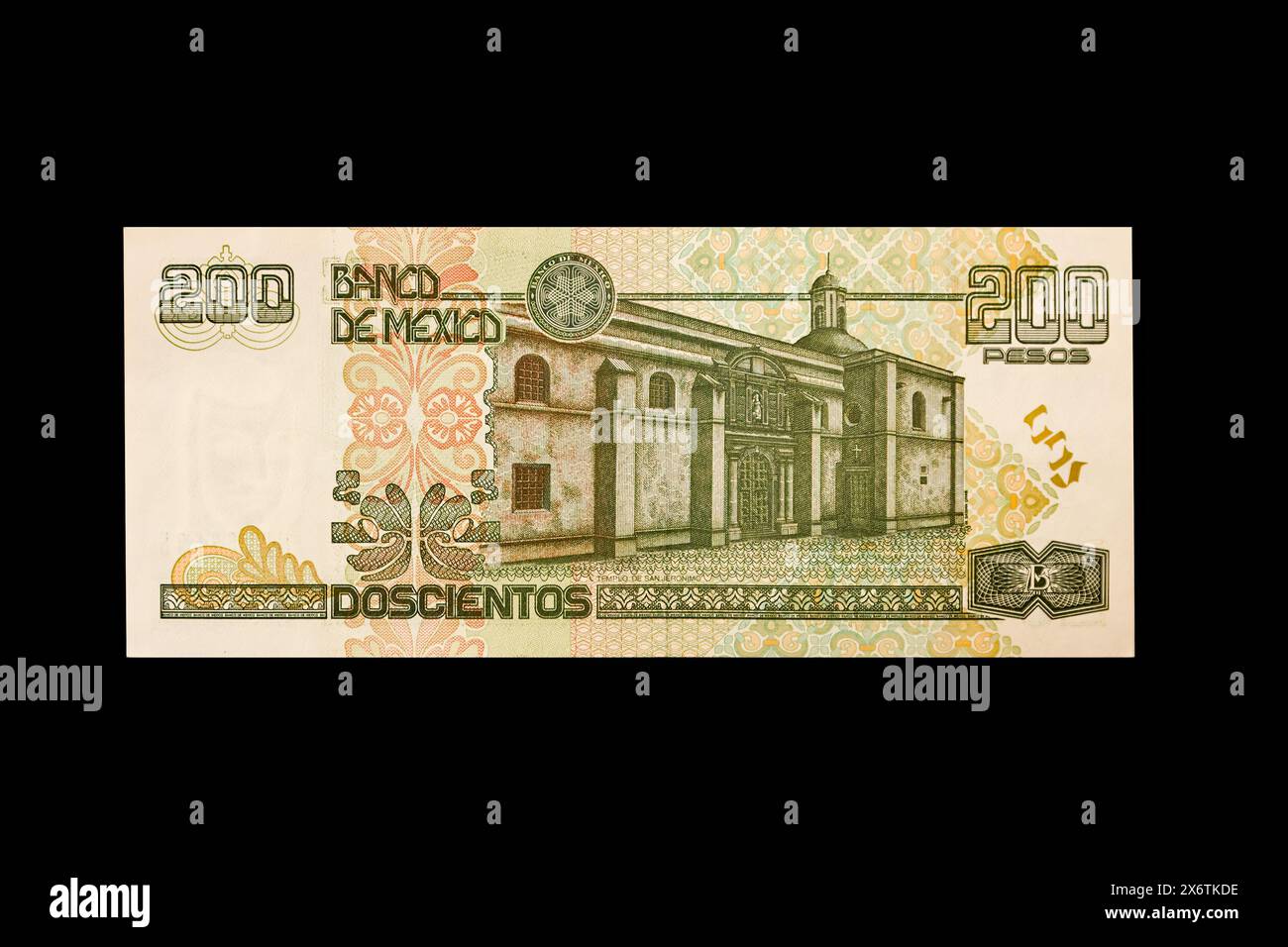 Mexico, North America.  200 Pesos Banknote, showing San Jeronimo Convent on the back side. Stock Photo
