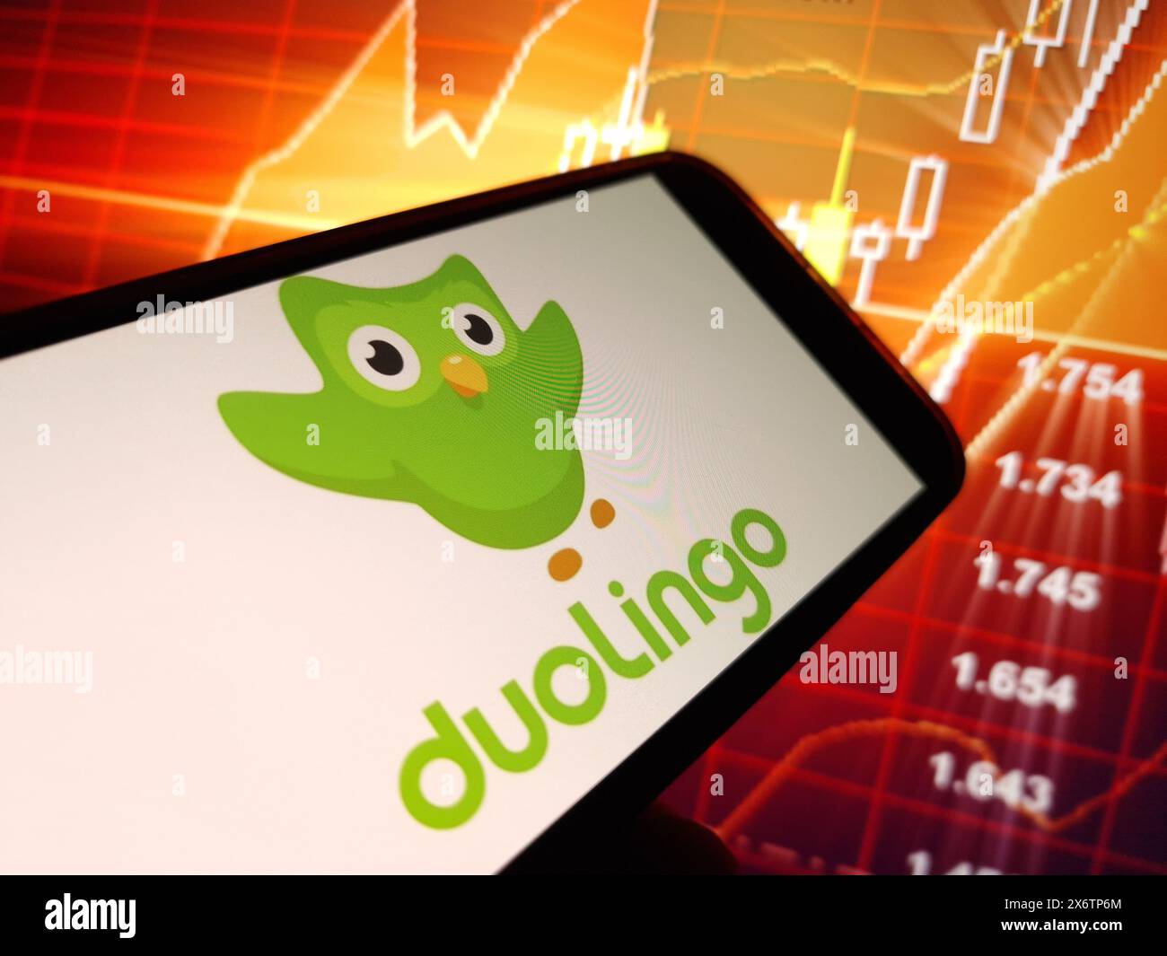 Konskie, Poland - May 15, 2024: Duolingo company logo displayed on mobile phone Stock Photo