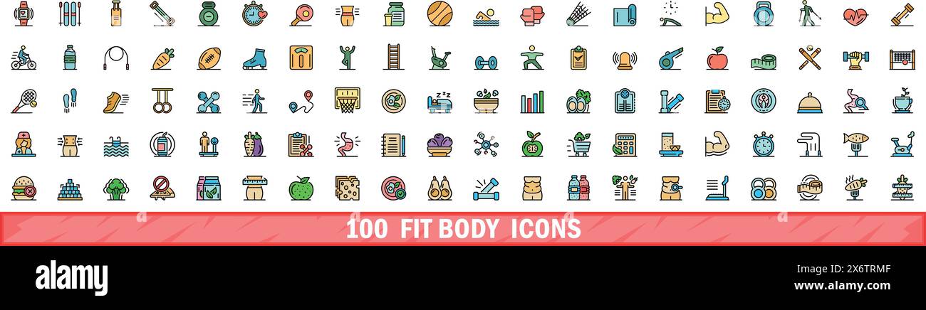 100 fit body icons set. Color line set of fit body vector icons thin ...