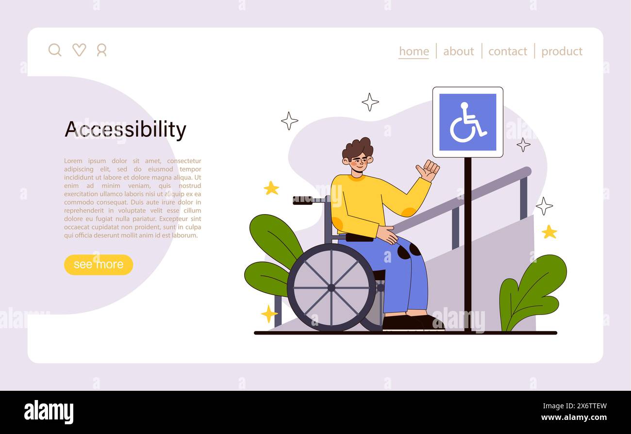 Accessibility concept. A person in a wheelchair greets the day with optimism near an accessibility sign, depicting barrier-free movement and inclusive public spaces. Flat vector illustration. Stock Vector