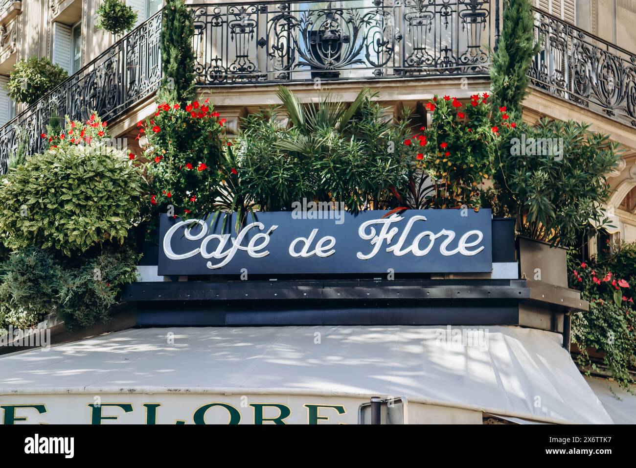 Paris, France - October 1, 2023: Facade of the famous restaurant Cafe de Flore on Boulevard Saint-Germain Stock Photo