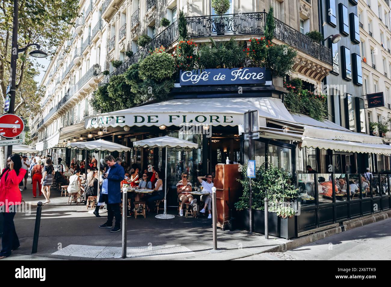 Paris, France - October 1, 2023: Facade of the famous restaurant Cafe de Flore on Boulevard Saint-Germain Stock Photo