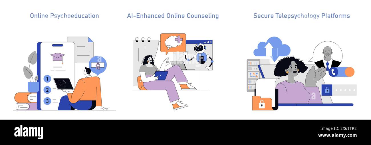 Telepsychology set. Education, AI counseling, and secure platform for online therapy. E-mental health services for remote support. Vector illustration. Stock Vector