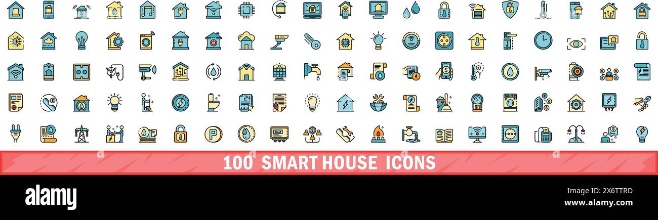 100 smart house icons set. Color line set of smart house vector icons thin line color flat on white Stock Vector