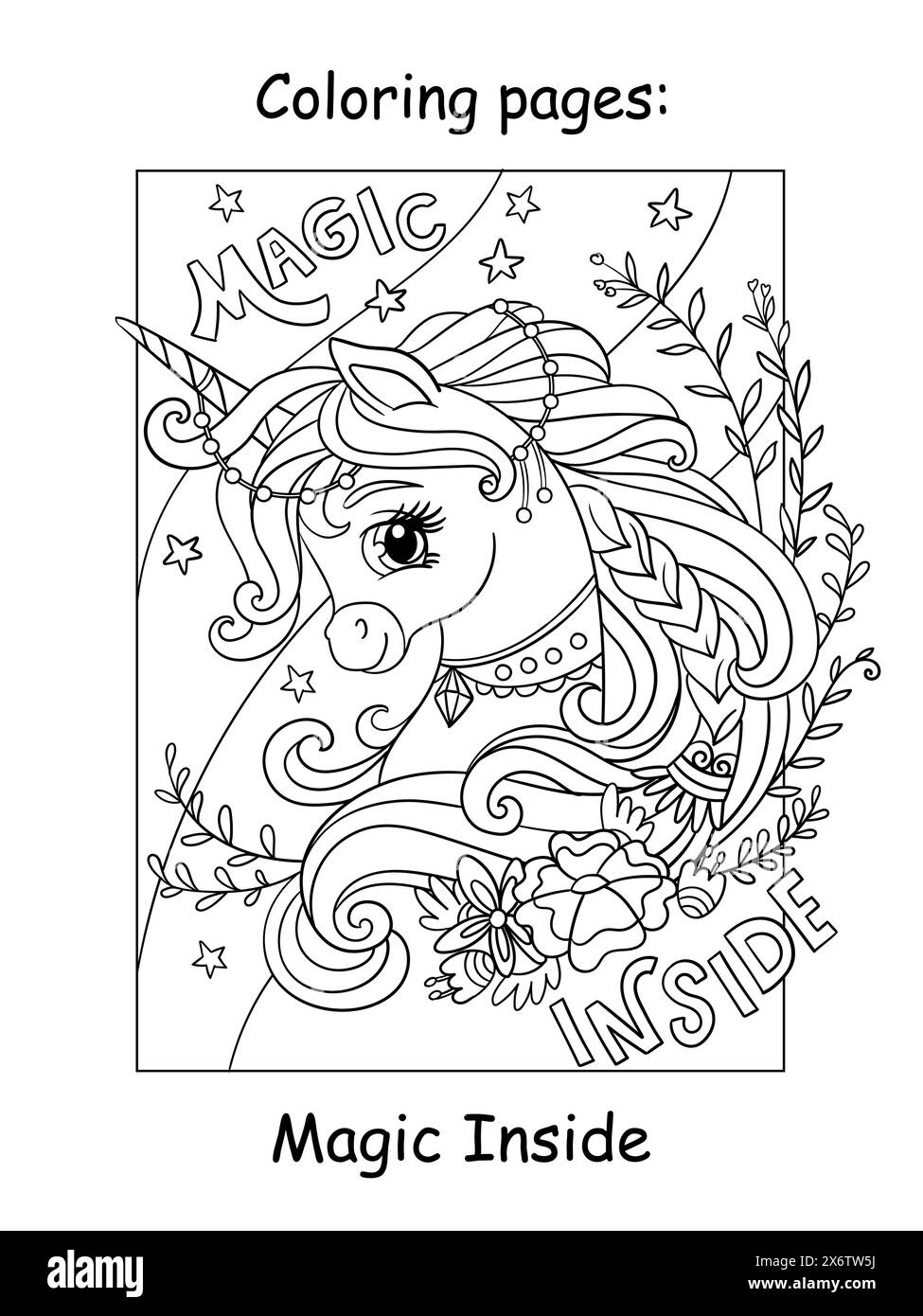 Cute unicorn with lettering magic inside coloring vector Stock Vector