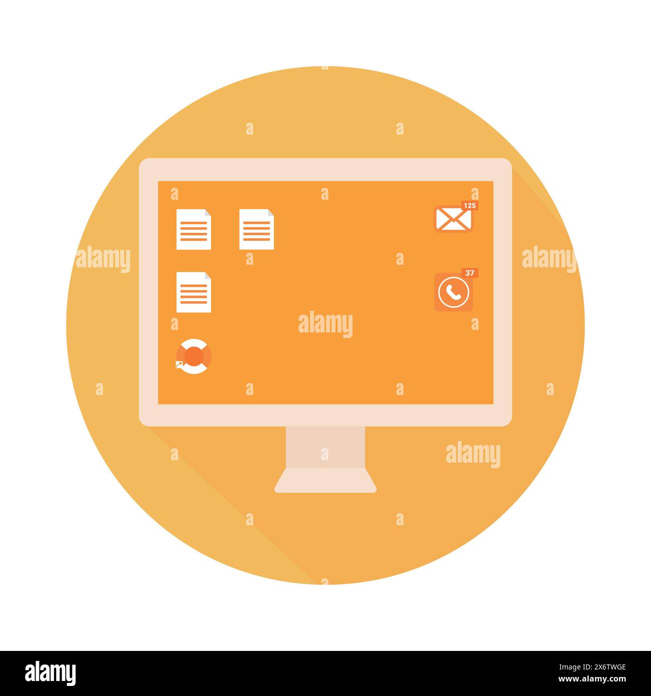 Computer icon in flat style on round yellow background. Vector illustration Stock Vector