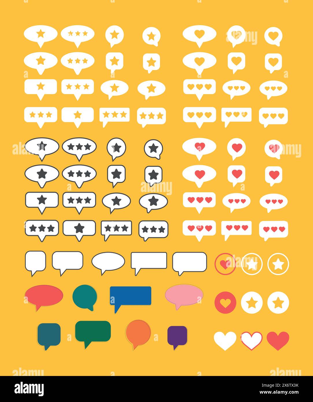 Big collection of customer review symbols. Feedback and communication, rating stars, like button hearts and different speech bubbles. Vector illustrat Stock Vector