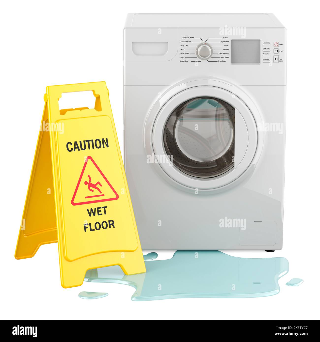 Broken washing machine with puddle and caution wet floor sign, 3D