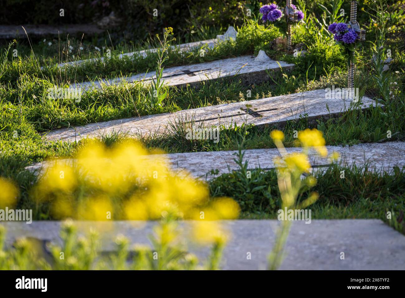 old cemetery with graves, Riópar Viejo ,Albacete province, Castilla-La Mancha, Spain. Stock Photo