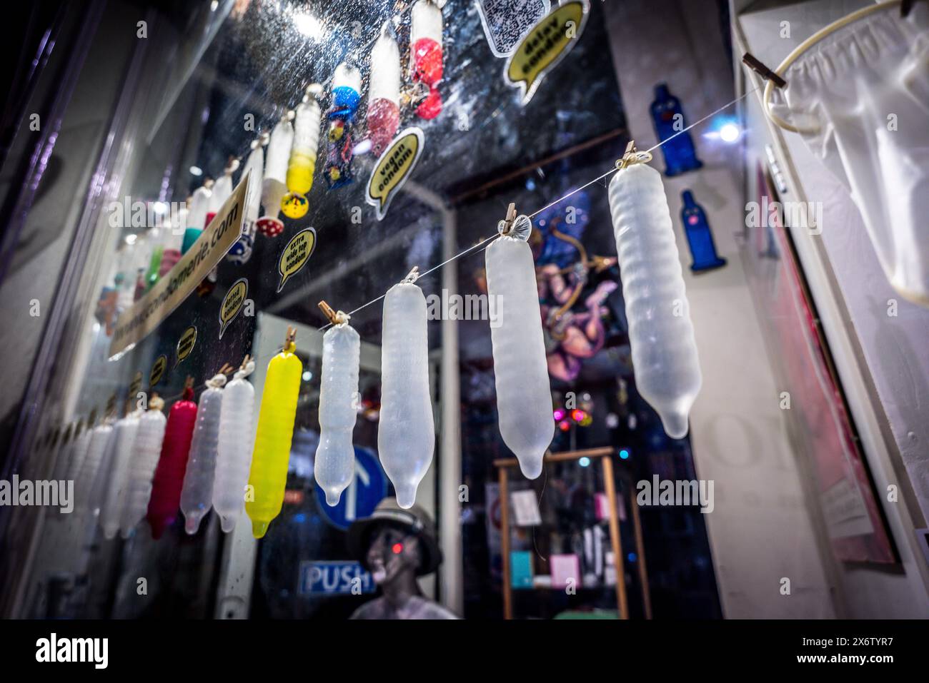 exposed condoms at condom store, Amsterdam, Netherlands. Stock Photo