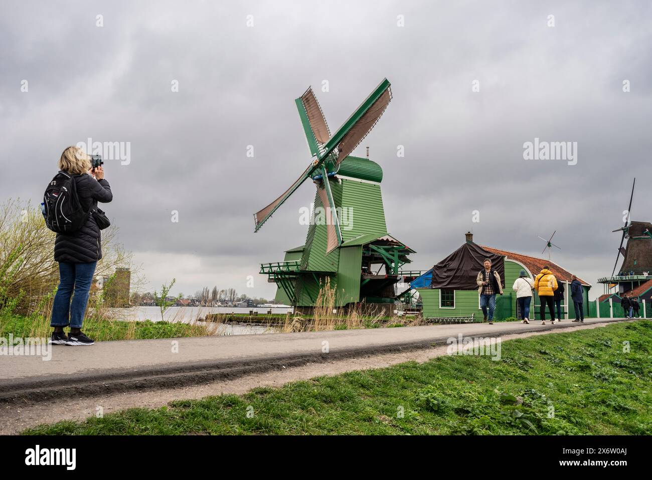 Zaanse Schans, old traditional mills, Zaanstad Municipality, European Route of Industrial Heritage, Netherlands. Stock Photo