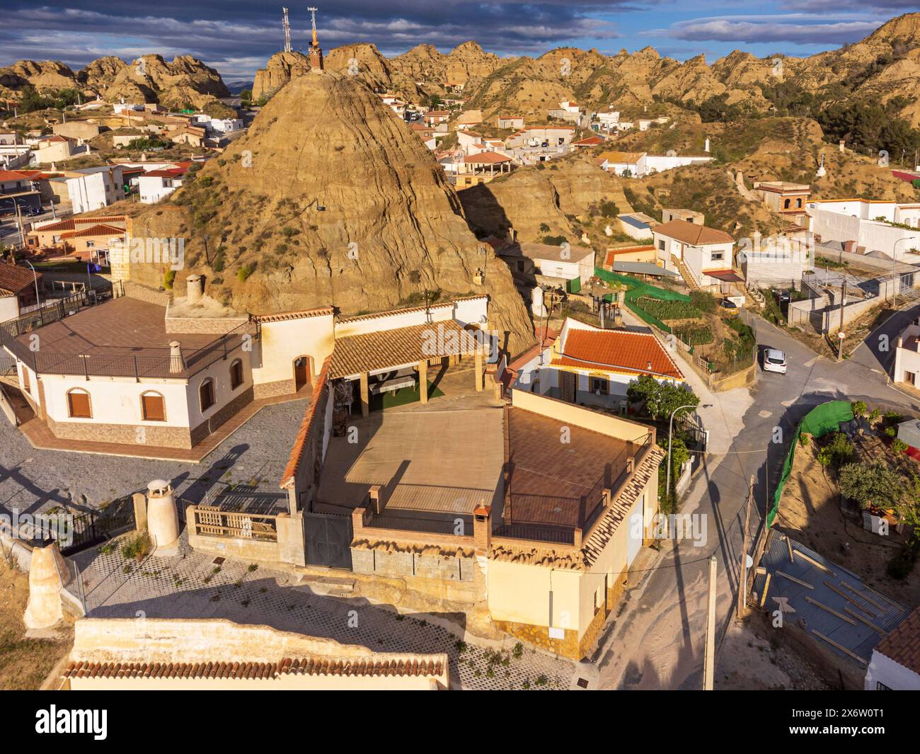 cave houses in the town of Purullena, Guadix region, Granada Geopark, UNESCO World Geopark, Betic Mountain Range, Andalusia, Spain. Stock Photo
