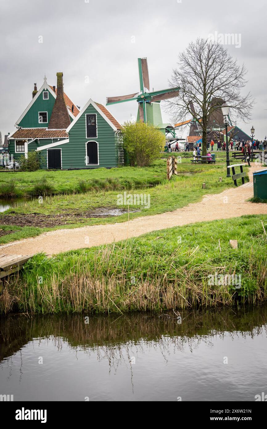 Zaanse Schans, old traditional mills, Zaanstad Municipality, European Route of Industrial Heritage, Netherlands. Stock Photo