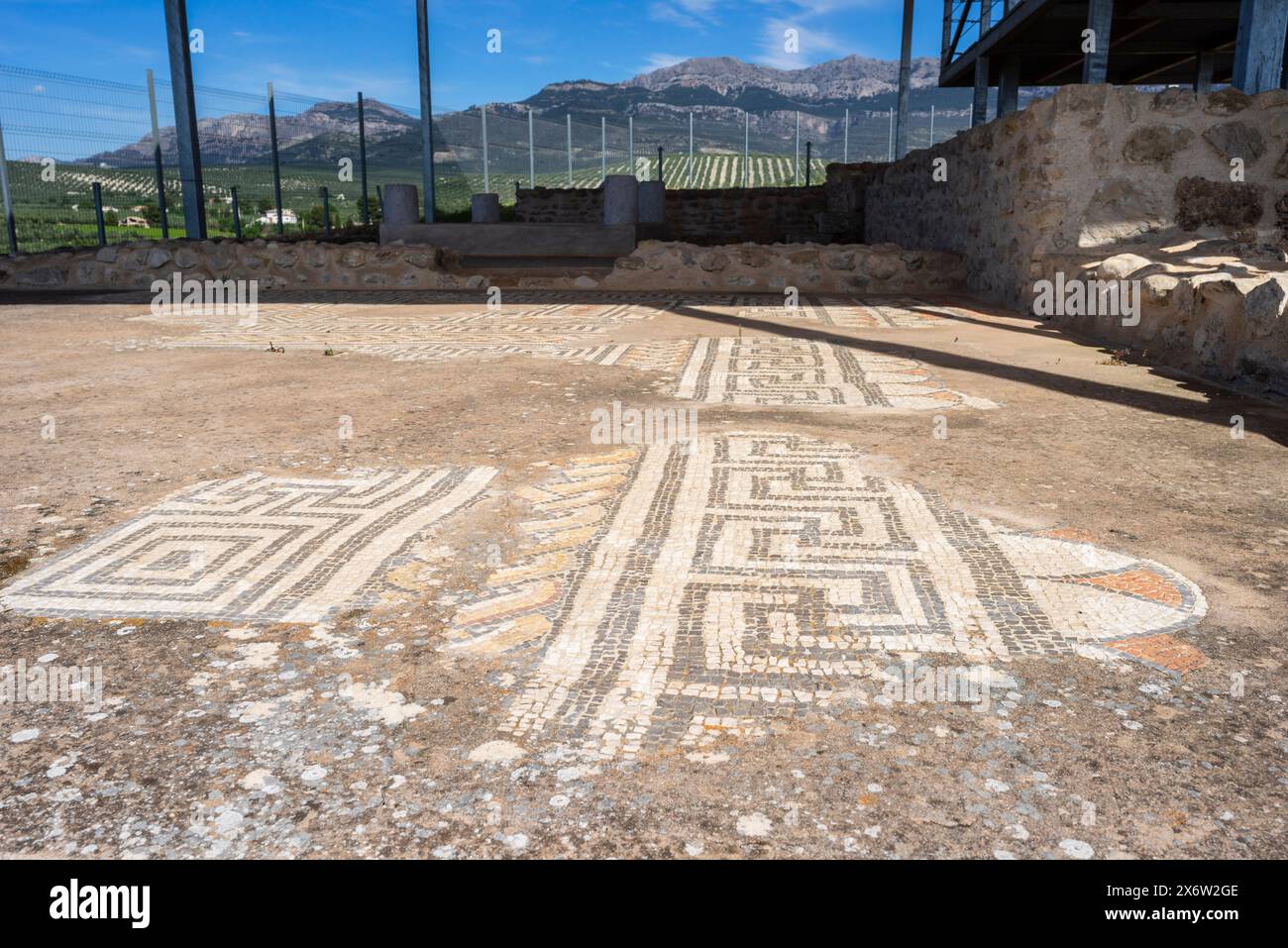 ancient rome mosaic, Roman Ruins of Bruñel, Quesada, Natural Park of the Sierras de Cazorla, Segura and Las Villas, Jaén province, Andalusia, Spain. Stock Photo