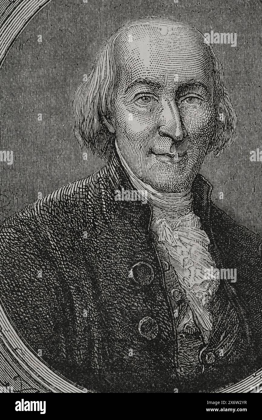 Jean-Marie Roland de la Platière (1734-1793). French politician. He was a member of the Girondins. Minister of the Interior in 1792. Portrait. Engraving. 'History of the French Revolution'. Volume I, 1876. Stock Photo
