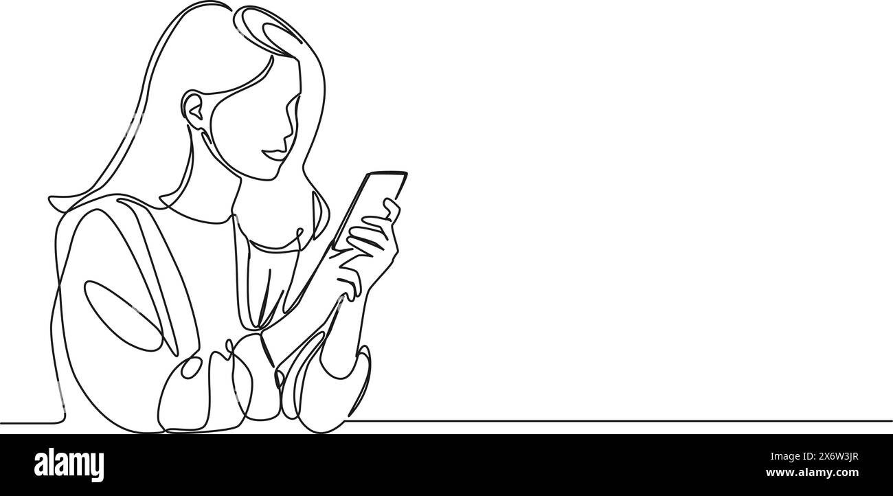 continuous single line drawing of young woman or teenager using smartphone, line art vector illustration Stock Vector