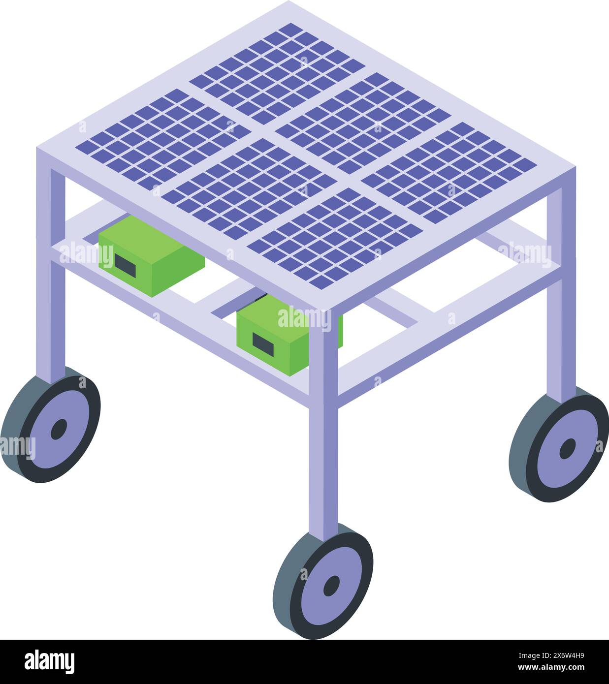 Digital illustration of a cart equipped with solar panels and wheels in isometric view Stock Vector