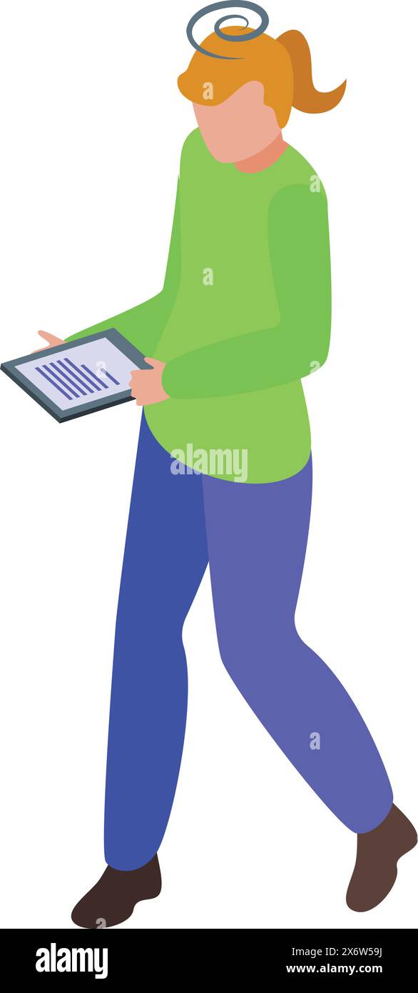 Isometric illustration of a woman in casual attire walking and using a ...