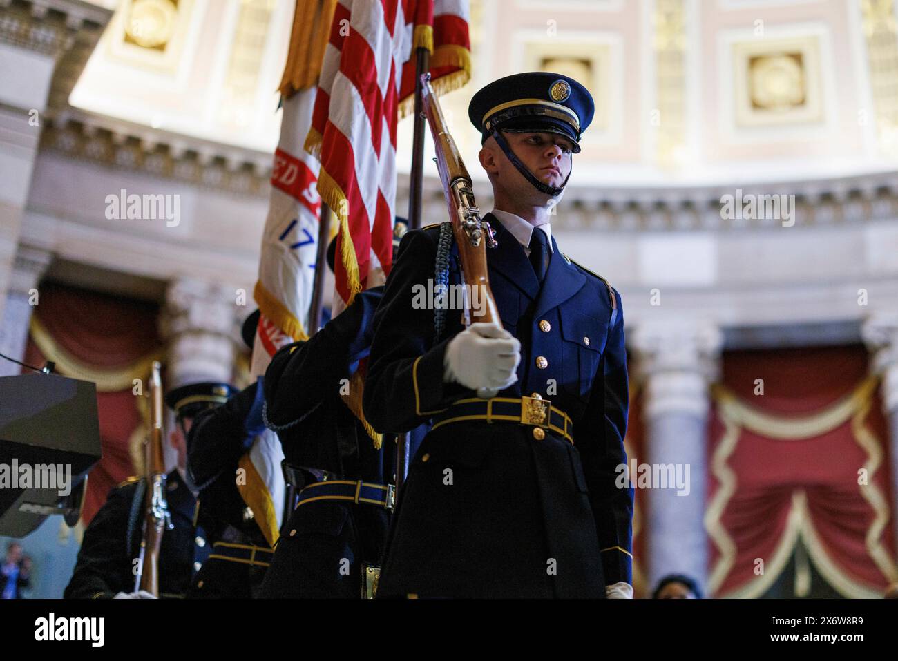 Washington DC. 16th May, 2024. Members of the US Army Color Guard are seen during a ceremony unveiling a statue of the late Reverend Billy Graham, on Thursday, May 16, 2024 in Washington DC. Credit: Aaron Schwartz/CNP/dpa/Alamy Live News Stock Photo