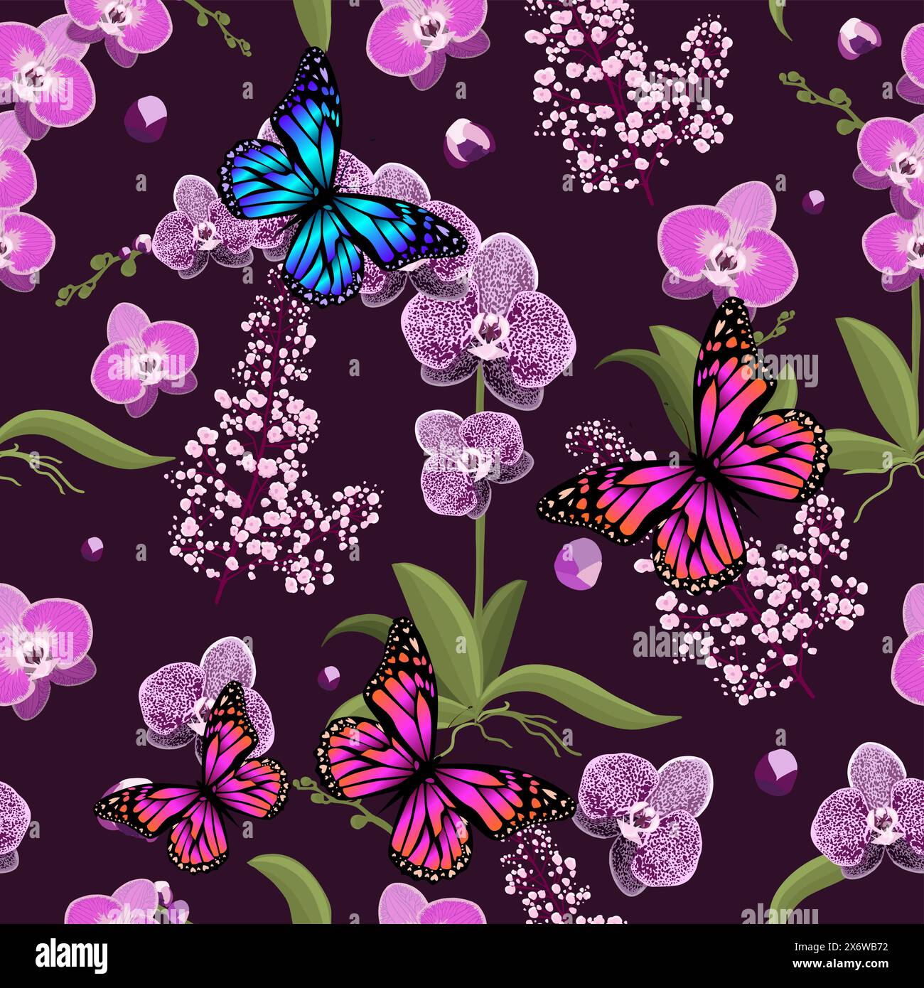 Orchid seamless pattern on a dark background with butterflies , Hand ...
