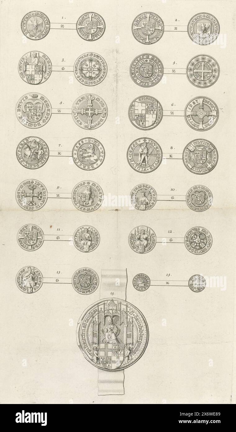 Coins, Fourteen coins, depicted in two columns of seven. The obverse ...