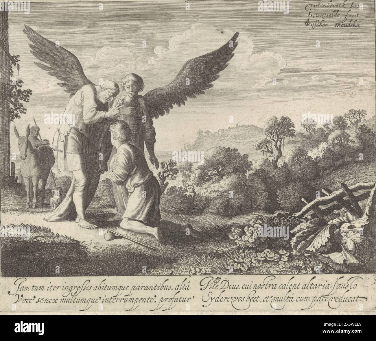 Tobias blessed by the blind Tobit, Story of Tobias (series title), Tobit blesses his son Tobias before he leaves on a journey with the angel Raphael. First picture from a series of four about the Bible story of Tobias., print, print maker: Jan van de Velde (II), (mentioned on object), after design by: Moyses van Wtenbrouck, (mentioned on object), publisher: Claes Jansz. Visscher (II), (mentioned on object), Amsterdam, 1603 - 1652, paper, etching, engraving, height, 170 mm × width, 208 mm Stock Photo