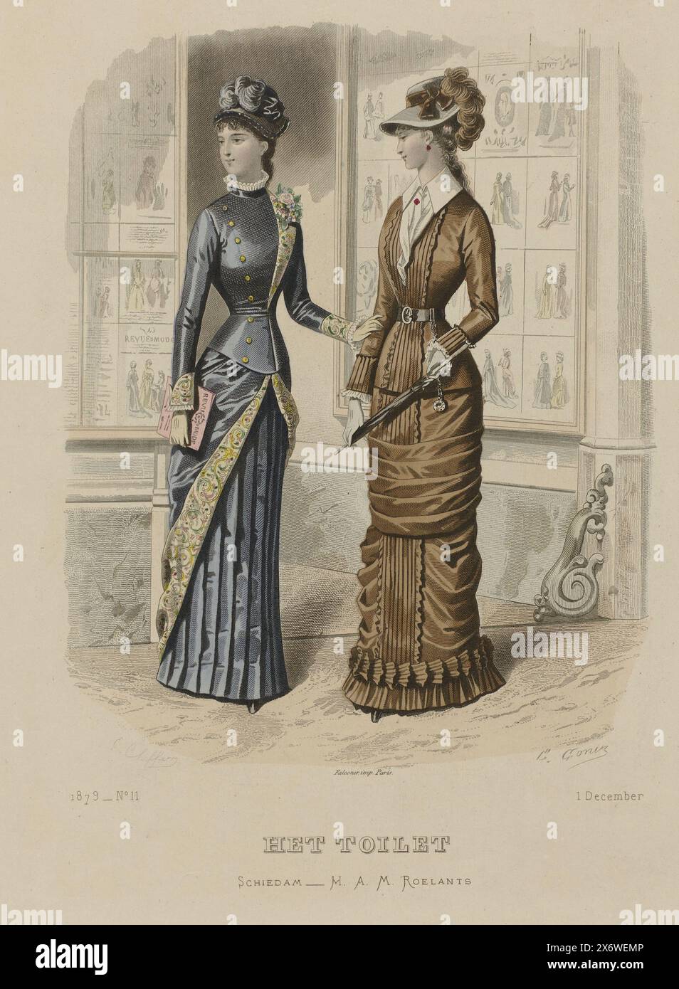 Shopping, The Toilet, December 1, 1879, No. 11, Two women in walking costumes in front of a fabric store with a window full of fashion prints. Print from the fashion magazine Het Toilet (1877-?)., print maker: E. Cheffer, (mentioned on object), after design by: Guido Gonin, (mentioned on object), publisher: Hendrik Adriaan Marius Roelants, (mentioned on object), publisher: Schiedam, printer: Paris, 1879, paper, engraving, height c. 363 mm × width c. 262 mm Stock Photo