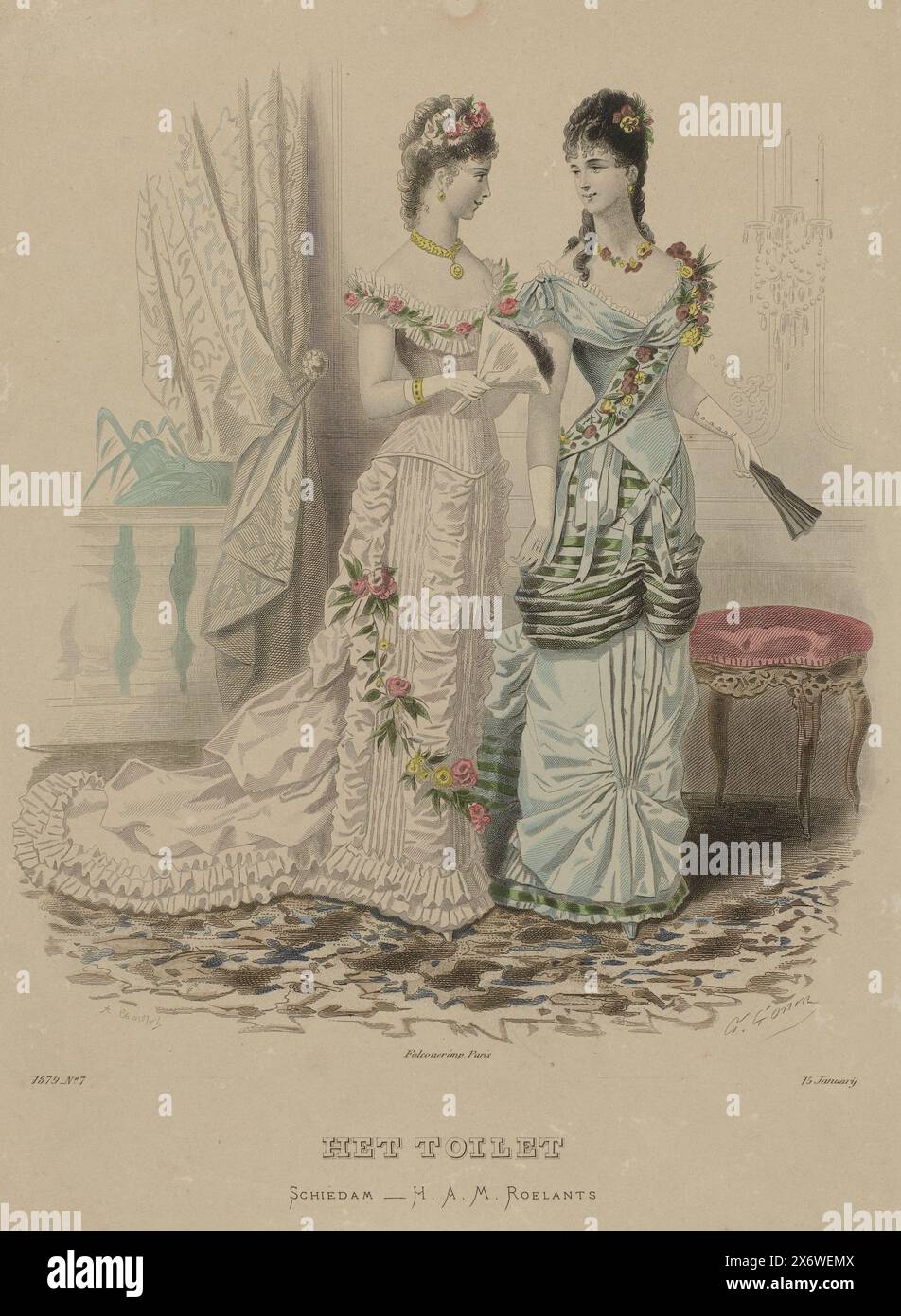 The Toilet, January 15, 1879, No. 7, Two women in an interior: on the left an evening gown with train, on the right a tight gown with garlands. Print from the fashion magazine Het Toilet (1877-?)., print maker: A. Chaillot, (mentioned on object), after design by: Guido Gonin, (mentioned on object), publisher: Hendrik Adriaan Marius Roelants, (mentioned on object), publisher: Schiedam, printer: Paris, 1879, paper, engraving, height c. 363 mm × width c. 262 mm Stock Photo