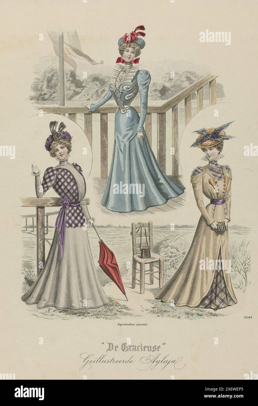 Three summer dresses. Print from the fashion magazine, the Gracieuse  (1865-1936) . Manufacturer : print maker: anonymous date: 1898 Physical  characteristics: engra, hand-colored material: paper Technique: engra ( printing process) / hand-color measurements: