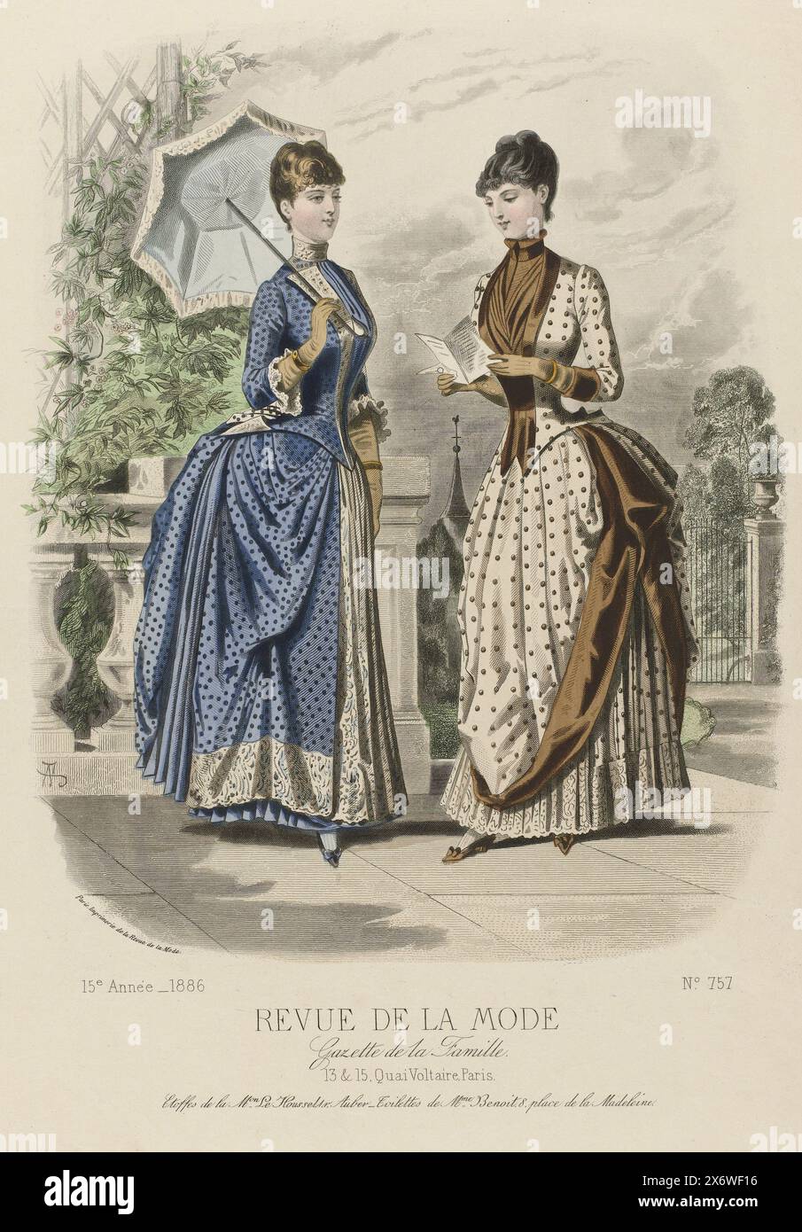 Revue de la Mode, Gazette de la Famille, dimanche 4 July 1886, 15e Année, No. 757: Etoffes de la M.on Le Houssel (...), Two women on a platform, one of whom with a letter in her hands. Left: 'toilette' of blue-gray plain 'louisine', dotted blue louisine and cream-colored embroidery. Right: 'toilette' of cream-coloured muslin embroidered with brown dots, brown 'faille' and cream-coloured lace. Benoit's model. Below the performance are some lines of advertising text for various products. Print from the fashion magazine Revue de la Mode (1872-1913). Detailed description of the clothing on page Stock Photo