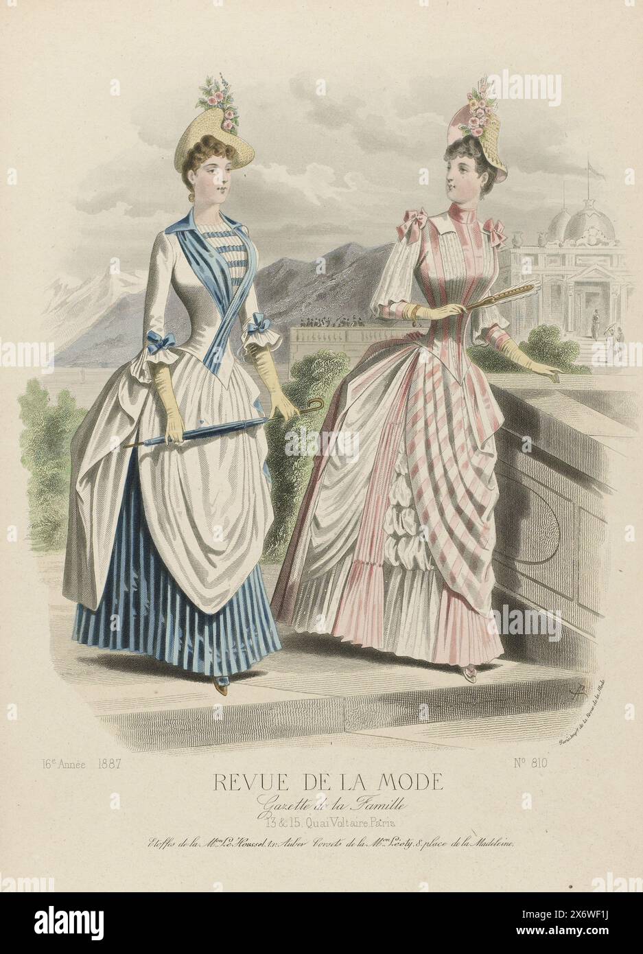 Revue de la Mode, Gazette de la Famille, dimanche 10 July 1887, 16e Année, No. 810: Etoffes de la M.on Le Houssel (...), Two women near a balustrade, in the background a mountain landscape and some figures near an estate. Left: 'toilette' of blue faille, white faille and white woolen muslin. Sleeves decorated with a small flounce of gathered muslin with a small bow of blue silk. Right: 'toilette' of white-pink Pékin silk and light pink silk and muslin with polka dot motif. Pink bows on the shoulders. Below the image a line of advertising text for various products. Print from the fashion Stock Photo