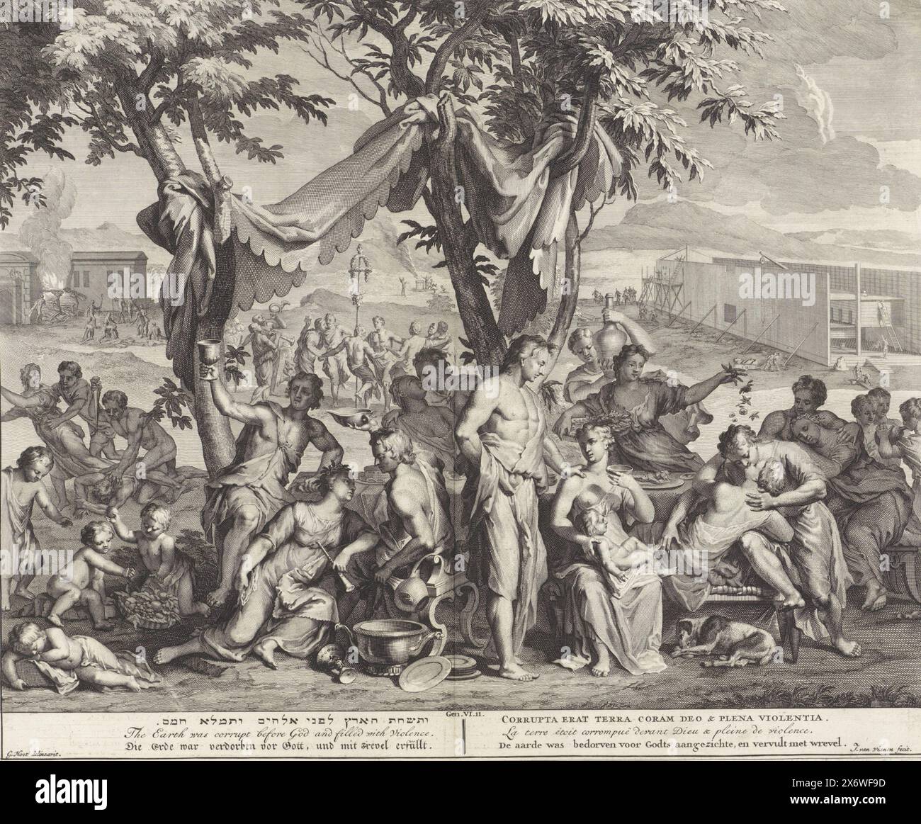 Earth in God's eyes corrupt and full of injustice, The earth in Noah's time is corrupt and full of injustice. In the background on the right, construction of the ark has begun. Illustration of the Bible text Gen. 6: 11. Below the performance the title in Hebrew, English, German, Latin, French and Dutch., print, print maker: Jan van Vianen, (mentioned on object), after drawing by: Gerard Hoet (I), (mentioned on object), publisher: Bernard Picart, (possibly), publisher: Amsterdam, publisher: The Hague, 1705 - 1720 and/or 1720 - 1728, paper, etching, engraving, height, 357 mm × width, 430 mm Stock Photo