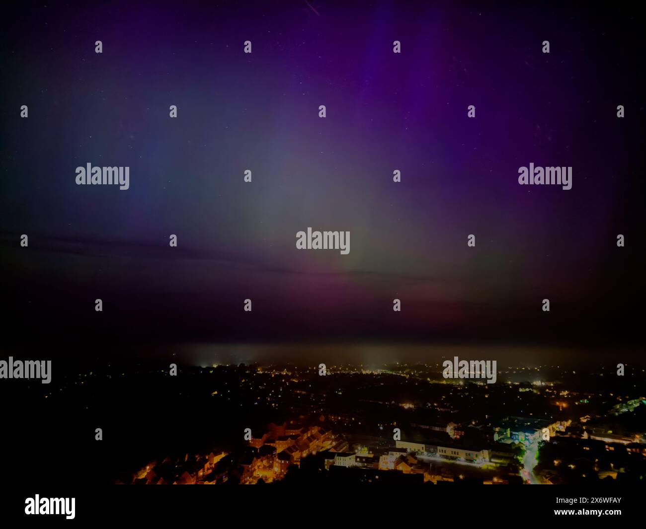 An aerial view of the Northern Lights over Ipswich in Suffolk, UK Stock