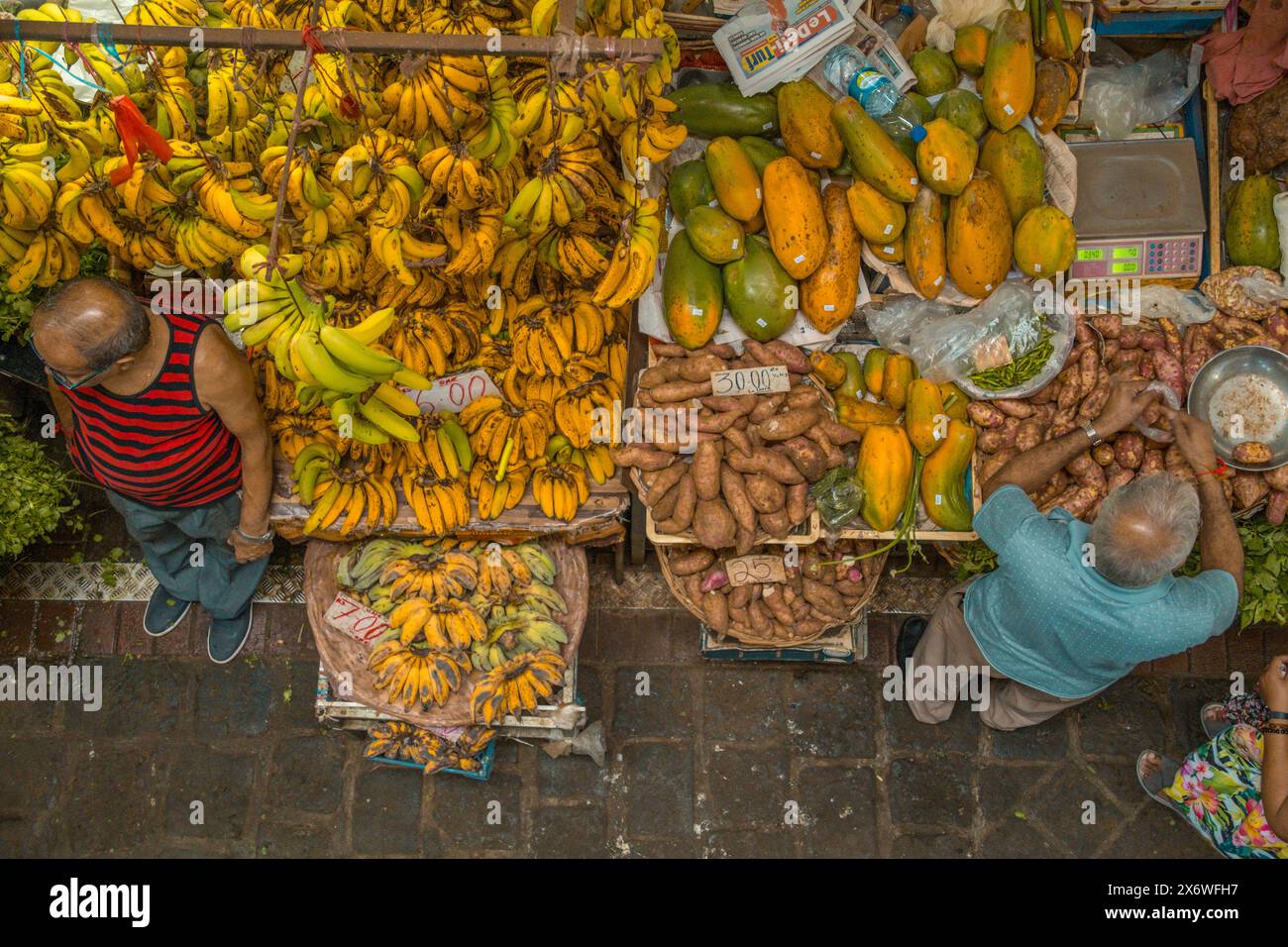 Fruit stands at the Central Market in Mauritius - food and souvenirs Stock Photo