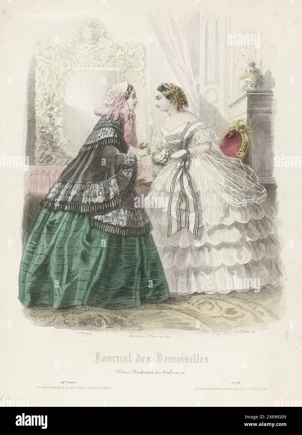 Journal des Demoiselles, 1856, 24e année, No. 12, Two women in an interior. Left: coat on a striped wide skirt. Right: evening dress with wide frilly skirt. Accessories: fanchon, hat, transparent scarf, short gloves, bracelet. Print from the fashion magazine Journal des Demoiselles (1833 -1922)., print maker: Montaut d'Oleron. Gabriel Xavier, (mentioned on object), after drawing by: A. de Taverne, (mentioned on object), printer: Rossin, (mentioned on object), Paris, 1856, paper, engraving, height c. 288 mm × width c. 200 mm Stock Photo