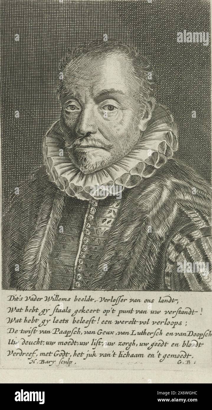 Portrait of William I, Prince of Orange, Portrait of William I. Six lines of Dutch text in the bottom margin., print, print maker: Hendrik Bary, (mentioned on object), Geeraert Brandt (I), (mentioned on object), Low Countries, 1671, paper, engraving, height, 182 mm × width, 127 mm Stock Photo