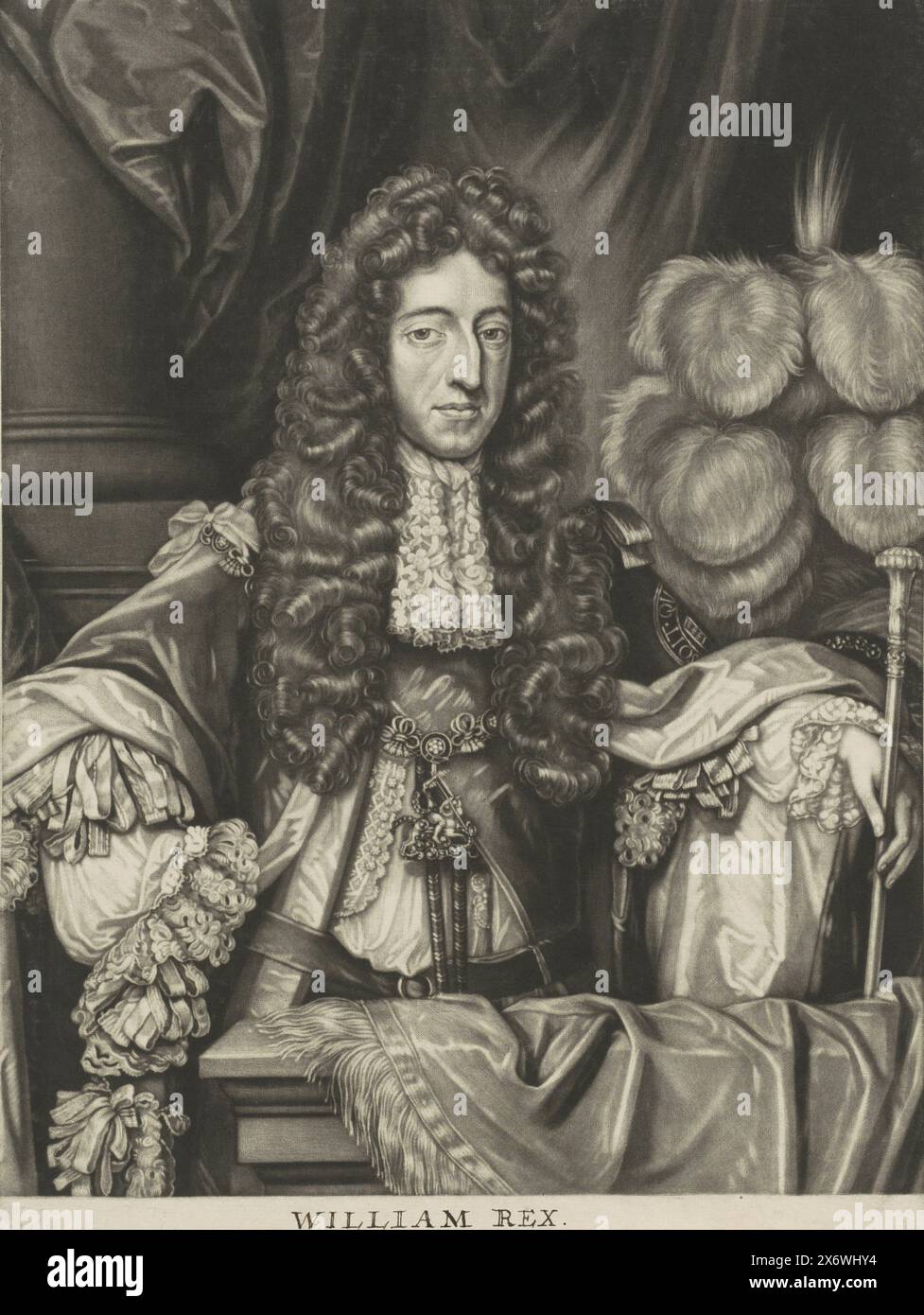 Portrait of William III, Prince of Orange, Portrait of William III. He is standing behind a balustrade with a carpet on top. In his left hand a scepter. In the background a beret with feathers. In the bottom margin are name and title., print, print maker: Jacob Gole, Amsterdam, 1688 - 1724, paper, height, 334 mm × width, 251 mm Stock Photo