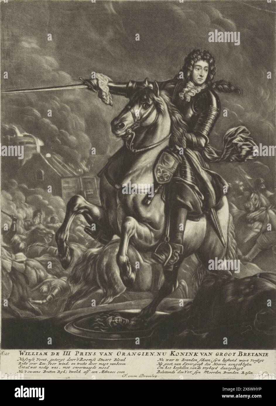 Equestrian portrait of William III, Prince of Orange, Equestrian portrait of William III. A sword in his right hand. A battle in the background. In the bottom margin are his name, titles and two columns with four lines of Dutch text each., print, print maker: Jacob Gole, (mentioned on object), Staten van Holland en West-Friesland, (mentioned on object), Amsterdam, 1688 - 1724, paper, height, 255 mm × width, 188 mm Stock Photo