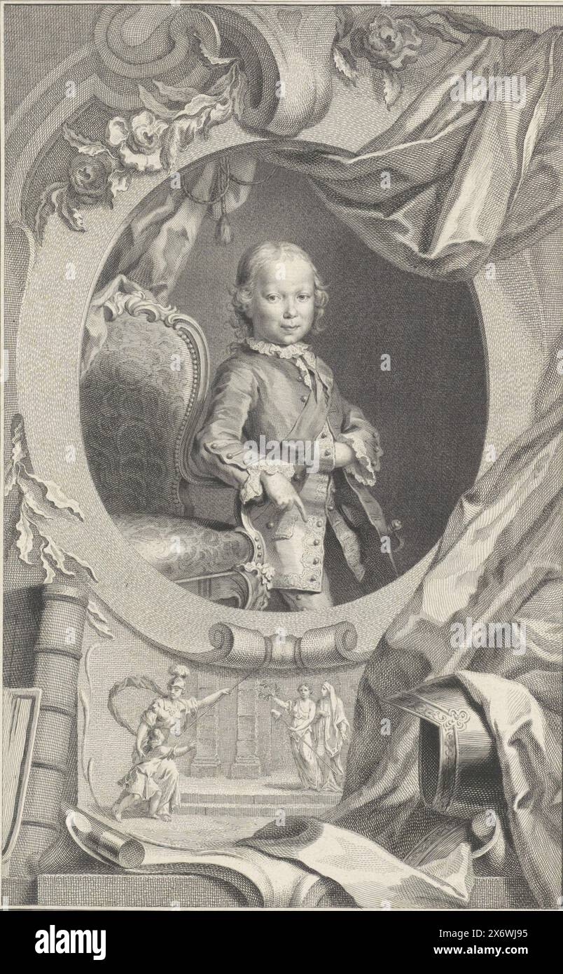 Portrait of William V, Prince of Orange-Nassau, Portrait of William V in an oval. Surrounding it are a number of allegorical objects, including a helmet and a book. An allegorical representation on the relief., print, print maker: Jacob Houbraken, after design by: Hendrik Pothoven, after painting by: Misard, Amsterdam, 1754, paper, engraving, etching, height, 354 mm × width, 229 mm Stock Photo