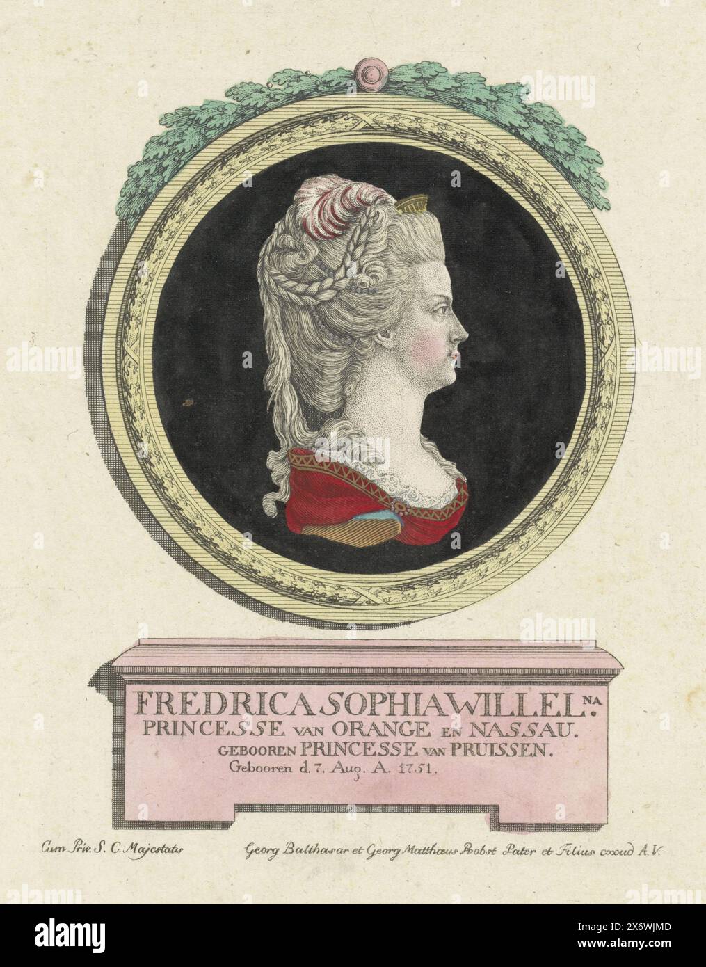 Portrait of Wilhelmina of Prussia, Portrait of Wilhelmina in an ornamented circle. On a pedestal her name, her titles and her date of birth., print, print maker: anonymous, publisher: Georg Balthasar Probst, (mentioned on object), publisher: Georg Mathäus Probst, (mentioned on object), print maker: Low Countries, publisher: Northern Netherlands, publisher: Low Countries, c. 1780 - 1788, paper, engraving, etching, height, 218 mm × width, 176 mm Stock Photo